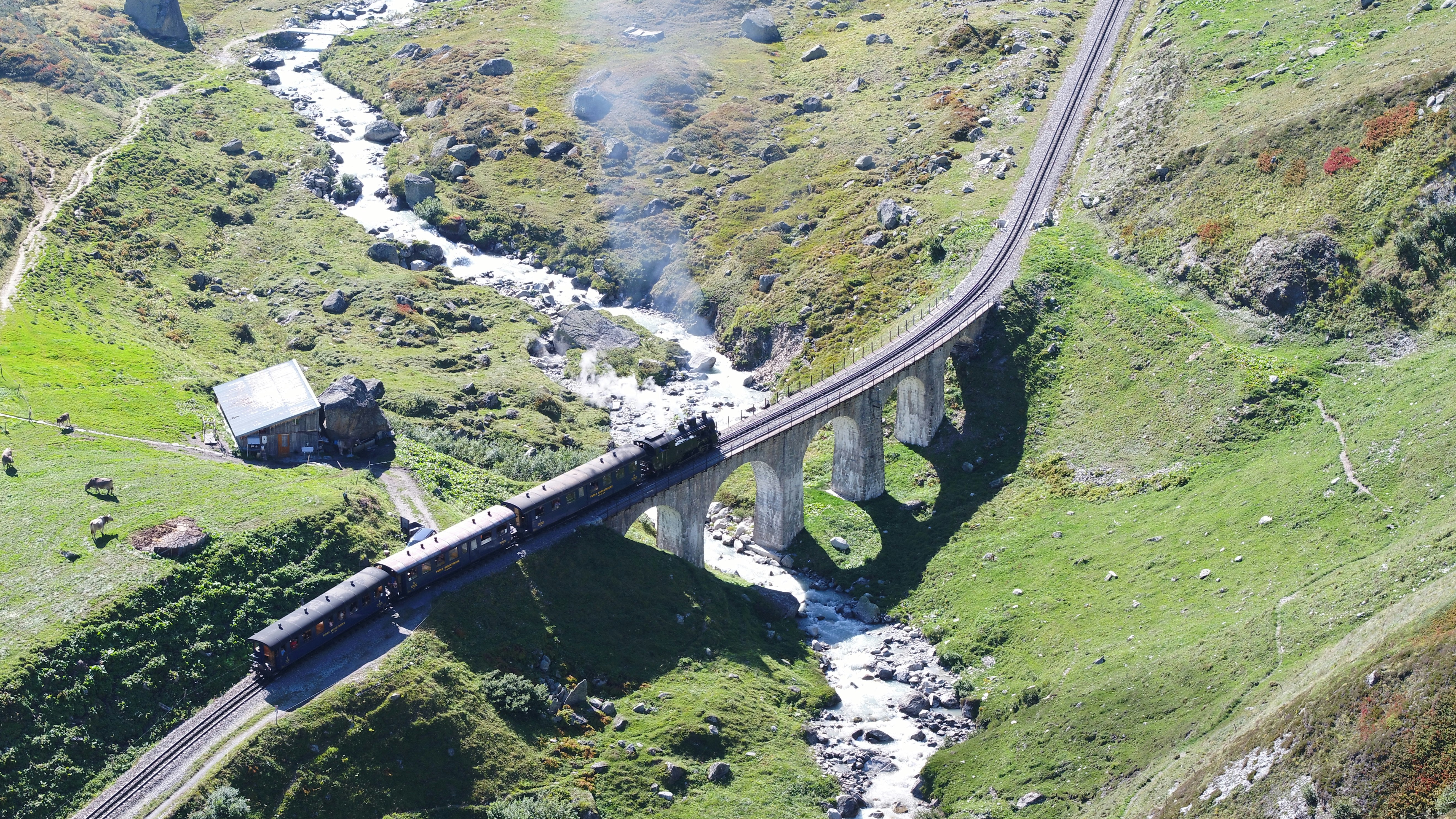 train on tracks and above water bridge during day